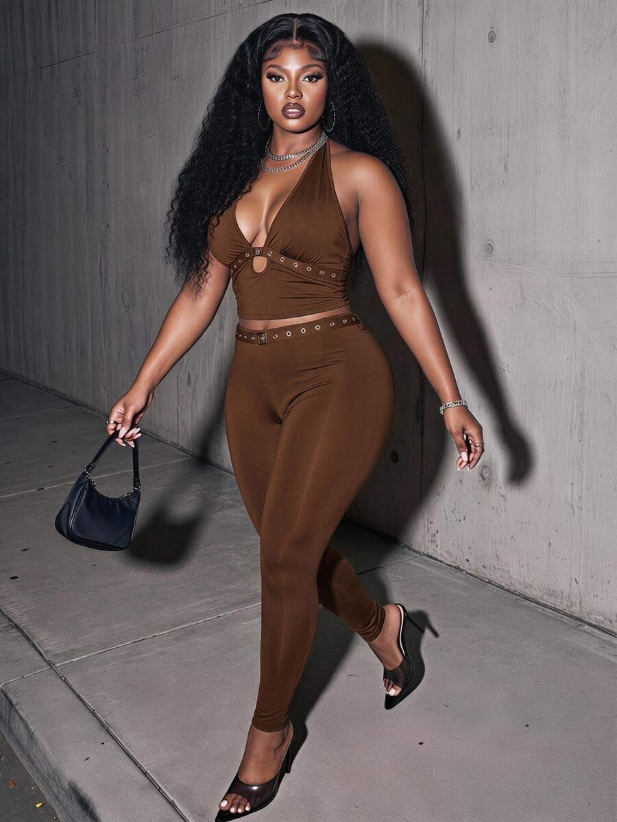 Slaydiva Setelan Dua Potong Wanita Ukuran Besar Warna Cokelat Tua Gaya Musim Panas 70-an, Atasan Halter dengan Detail Lubang Kancing dan Celana Lebar, Setelan Celana Dua Potong untuk Pesta Malam di Klub