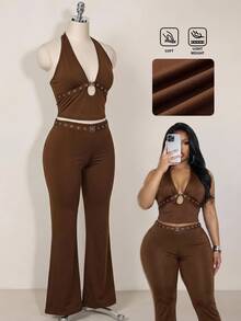 Slaydiva Setelan Dua Potong Wanita Ukuran Besar Warna Cokelat Tua Gaya Musim Panas 70-an, Atasan Halter dengan Detail Lubang Kancing dan Celana Lebar, Setelan Celana Dua Potong untuk Pesta Malam di Klub - Coklat - View 9