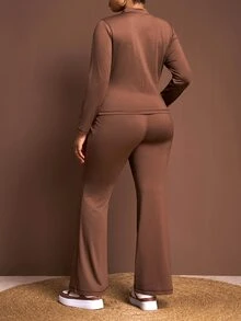 Slaydiva Plus Size Women's Chocolate Brown Autumn Casual Retro Baggy 2 Pieces Set Slim Fit Open-Front Long-Sleeved Side Zipper Pocket T-Shirt + High Waist Flared Pant - Brown - View 3