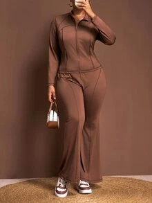 Slaydiva Plus Size Women's Chocolate Brown Autumn Casual Retro Baggy 2 Pieces Set Slim Fit Open-Front Long-Sleeved Side Zipper Pocket T-Shirt + High Waist Flared Pant - Brown - View 6