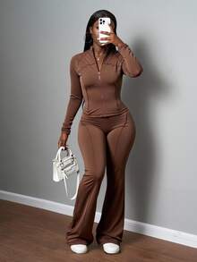 Slaydiva Plus Size Women's Chocolate Brown Autumn Casual Retro Baggy 2 Pieces Set Slim Fit Open-Front Long-Sleeved Side Zipper Pocket T-Shirt + High Waist Flared Pant - Brown - View 12