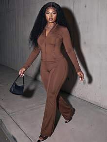Slaydiva Plus Size Women's Chocolate Brown Autumn Casual Retro Baggy 2 Pieces Set Slim Fit Open-Front Long-Sleeved Side Zipper Pocket T-Shirt + High Waist Flared Pant - Brown - View 2