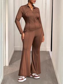 Slaydiva Plus Size Women's Chocolate Brown Autumn Casual Retro Baggy 2 Pieces Set Slim Fit Open-Front Long-Sleeved Side Zipper Pocket T-Shirt + High Waist Flared Pant - Brown - View 4