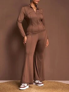 Slaydiva Plus Size Women's Chocolate Brown Autumn Casual Retro Baggy 2 Pieces Set Slim Fit Open-Front Long-Sleeved Side Zipper Pocket T-Shirt + High Waist Flared Pant - Brown - View 9
