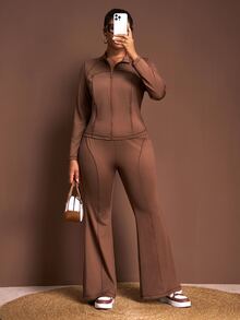 Slaydiva Plus Size Women's Chocolate Brown Autumn Casual Retro Baggy 2 Pieces Set Slim Fit Open-Front Long-Sleeved Side Zipper Pocket T-Shirt + High Waist Flared Pant - Brown - View 7