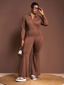 Slaydiva Plus Size Women's Chocolate Brown Autumn Casual Retro Baggy 2 Pieces Set Slim Fit Open-Front Long-Sleeved Side Zipper Pocket T-Shirt + High Waist Flared Pant - Brown - View 5