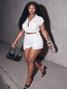 Slaydiva Easter Western Style Plus Size Women's Casual Outfit, Versatile For Spring/Summer Daily Wear, Elegant Solid Color Tie-Waist Blouse And Shorts Set - White - View 2