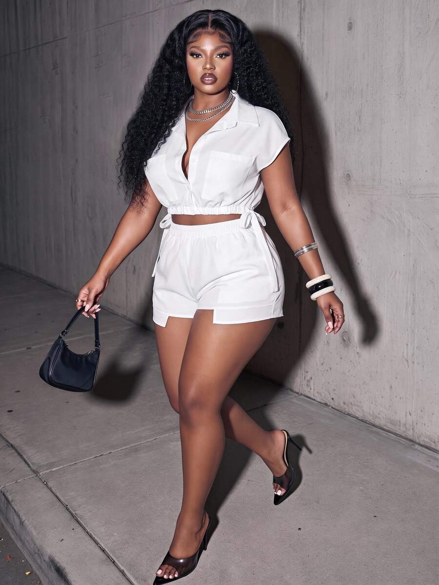 Slaydiva Easter Western Style Plus Size Women's Casual Outfit, Versatile For Spring/Summer Daily Wear, Elegant Solid Color Tie-Waist Blouse And Shorts Set