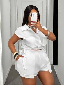 Slaydiva Easter Western Style Plus Size Women's Casual Outfit, Versatile For Spring/Summer Daily Wear, Elegant Solid Color Tie-Waist Blouse And Shorts Set - White - View 6