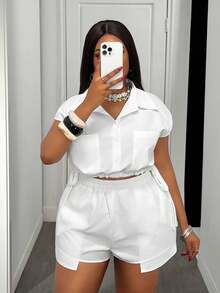 Slaydiva Easter Western Style Plus Size Women's Casual Outfit, Versatile For Spring/Summer Daily Wear, Elegant Solid Color Tie-Waist Blouse And Shorts Set - White - View 5