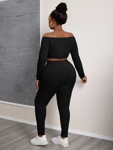 Slaydiva Plus Size Blue Solid Color Off Shoulder Cropped Top And Fitted Legging 2 Pieces Set, Texture Ribbed Fabric For Casual & Athleisure, Spring & Autumn - Black - View 2
