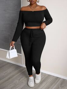 Slaydiva Plus Size Blue Solid Color Off Shoulder Cropped Top And Fitted Legging 2 Pieces Set, Texture Ribbed Fabric For Casual & Athleisure, Spring & Autumn - Black - View 5