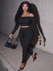 Slaydiva Plus Size Blue Solid Color Off Shoulder Cropped Top And Fitted Legging 2 Pieces Set, Texture Ribbed Fabric For Casual & Athleisure, Spring & Autumn - Black - View 1