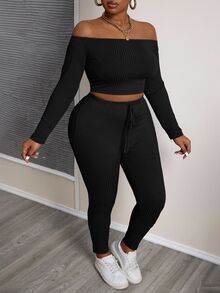 Slaydiva Plus Size Blue Solid Color Off Shoulder Cropped Top And Fitted Legging 2 Pieces Set, Texture Ribbed Fabric For Casual & Athleisure, Spring & Autumn - Black - View 4