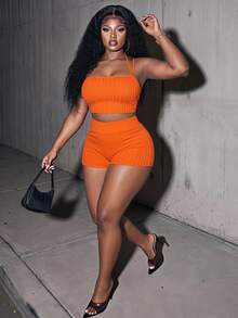 Slaydiva Women's Plus Size Two Pieces Set, Summer Orange Smart Casual Sexy Beach Vacation Rave Party Gym Strapless Tank Top High-Waisted Cycling Shorts, Sporty - Orange - View 2