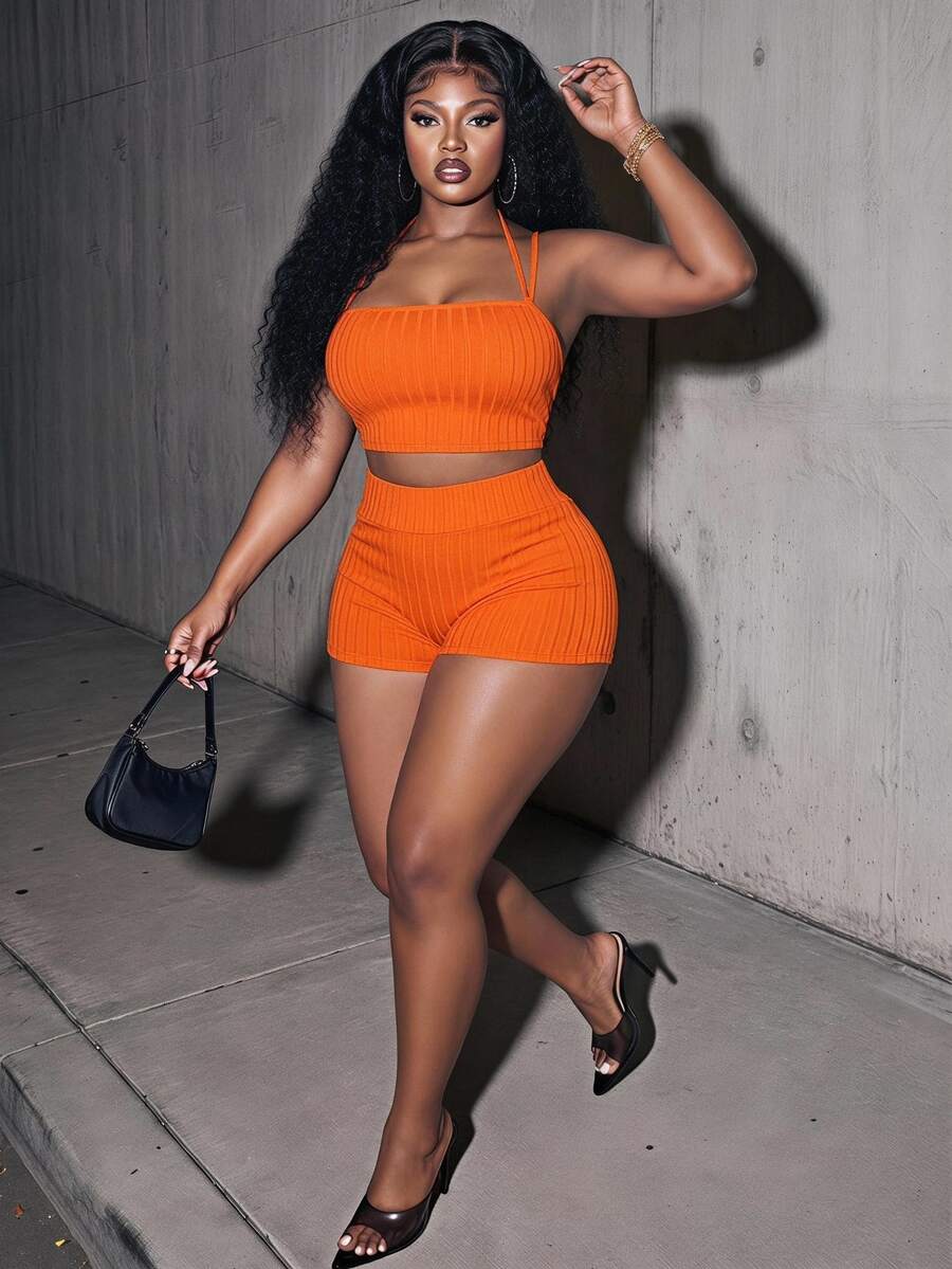 Slaydiva Women's Plus Size Two Pieces Set, Summer Orange Smart Casual Sexy Beach Vacation Rave Party Gym Strapless Tank Top High-Waisted Cycling Shorts, Sporty