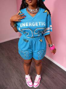 Slaydiva Light Blue Summer Grunge Women's Plus Size 2 Pieces Set Anti Social Cowboy Street Sports Style Number 23 Print V-Neck Mesh Knit T-Shirt Shorts Cycling - Blue - View 7