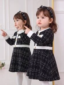 SHEIN Baby Girl Vintage Colorblock Button Dress For Outings - Black - View 2