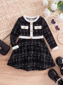 SHEIN Baby Girl Vintage Colorblock Button Dress For Outings - Black - View 3