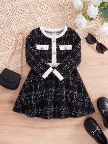 SHEIN Baby Girl Vintage Colorblock Button Dress For Outings - Black - View 4