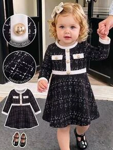 SHEIN Baby Girl Vintage Colorblock Button Dress For Outings - Black - View 1