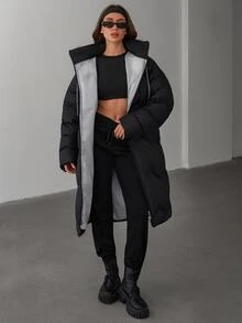 SHEIN معاطف شتوية طويلة للنساء بلون موحد مع تفاصيل بطانة بيضاء متباينة - الأسود - مشاهدة 3