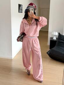 StreetHx Setelan 2 Potong Jaket Hoodie Motif Gaya Distressed Warna Pink untuk Wanita + Celana Panjang - Berwarna merah muda - View 4