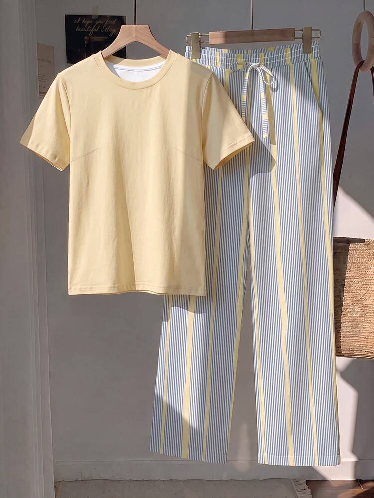 Comfortcana 2pcs Embroidered Round Neck Short Sleeve Top And Striped Print Pants, Casual Plus Size 2 Pieces Set - Multicolor - View 3