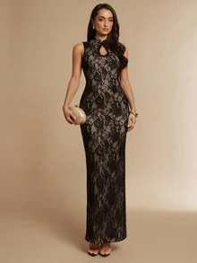 Silquee Elegant Black "New Chinese Style" Autumn/Winter Formal Dress Featuring Frog Closures, Drop-Shoulder Design, And Lace Trim (Suitable For Weddings,= - Coffee - View 3