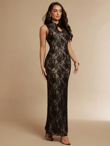 Silquee Elegant Black "New Chinese Style" Autumn/Winter Formal Dress Featuring Frog Closures, Drop-Shoulder Design, And Lace Trim (Suitable For Weddings,= - Coffee - View 6