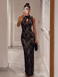 Silquee Elegant Black "New Chinese Style" Autumn/Winter Formal Dress Featuring Frog Closures, Drop-Shoulder Design, And Lace Trim (Suitable For Weddings,= - Coffee - View 2