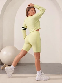Easithlete Easithlete Women's Round Neck Long Sleeve Color Block Sports Sweatshirt - Pale Yellow - View 2