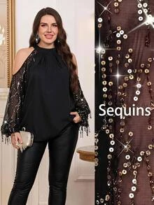 Reflora Plus Size Party Going Out Party Formal Wedding Guest Evening Banquet Fringe Sequin Cold Shoulder Sexy Elegant Blouse Halloween Black Autumn - Black - View 8