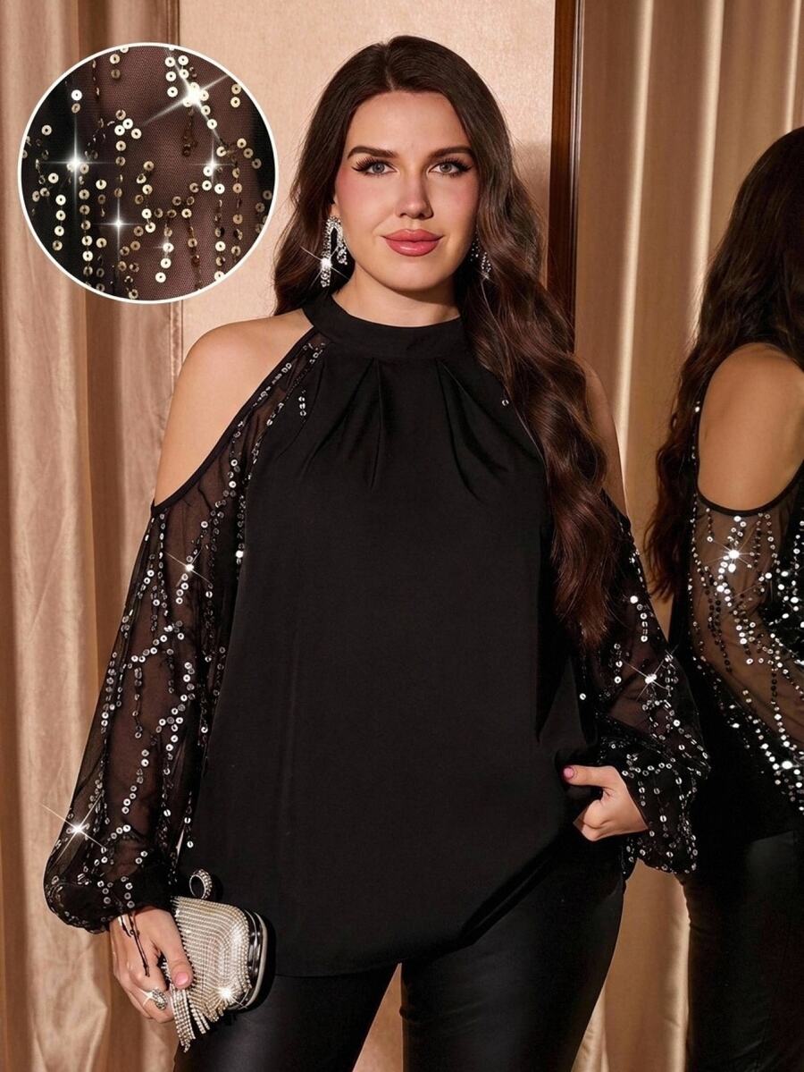 Reflora Plus Size Party Going Out Party Formal Wedding Guest Evening Banquet Fringe Sequin Cold Shoulder Sexy Elegant Blouse Halloween Black Autumn - Black - View 1