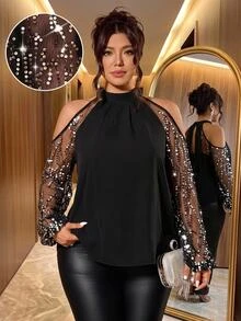 Reflora Plus Size Party Going Out Party Formal Wedding Guest Evening Banquet Fringe Sequin Cold Shoulder Sexy Elegant Blouse Halloween Black Autumn - Black - View 6