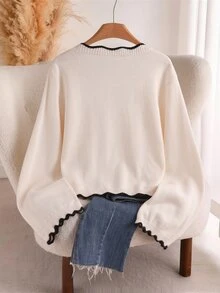 GlowEve CURVE Cardigan Bahu Jatuh dengan Trim Kontras untuk Guru, Liburan, Hitam Putih, Musim Gugur, Kasual, Tradisional, Musim Dingin - MultiWarna - View 6