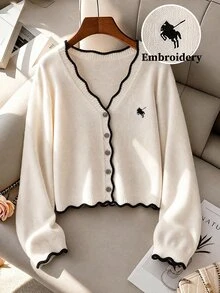GlowEve CURVE Cardigan Bahu Jatuh dengan Trim Kontras untuk Guru, Liburan, Hitam Putih, Musim Gugur, Kasual, Tradisional, Musim Dingin - MultiWarna - View 2
