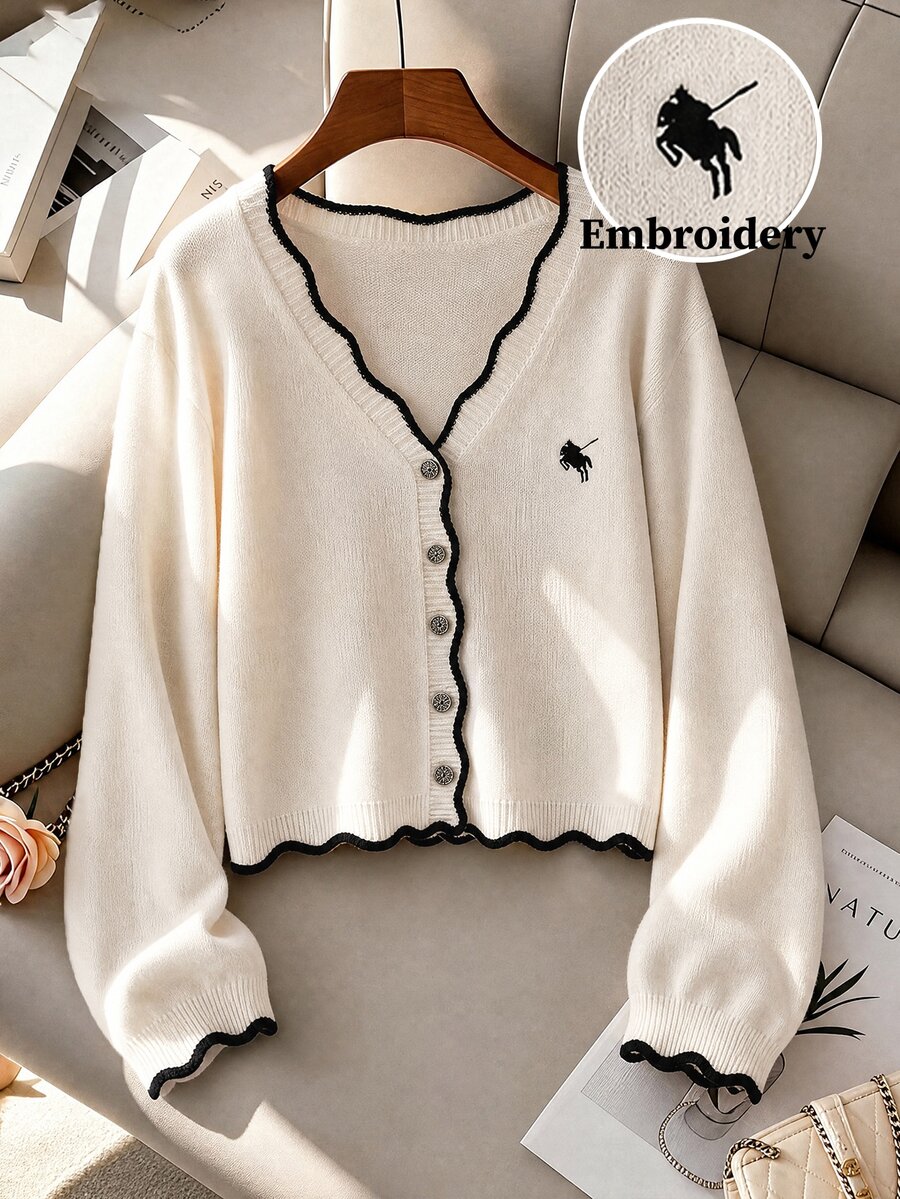 GlowEve CURVE Cardigan Bahu Jatuh dengan Trim Kontras untuk Guru, Liburan, Hitam Putih, Musim Gugur, Kasual, Tradisional, Musim Dingin