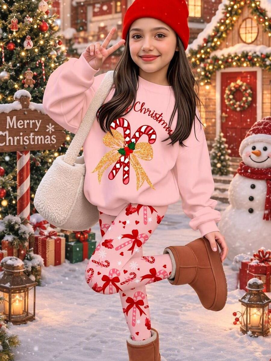 聖誕快樂,少女休閒可愛蝴蝶結糖果棒、波點雪花、奶油粉色節慶保暖內裡厚款圓領長袖衛衣與內搭褲,適合秋冬、秋季風格、秋季穿搭、舒適 - 彩色 - 查看 1
