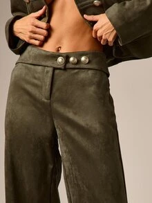 AiiRZ Celana Panjang Model Potongan Lebar Berpinggang Tinggi Bahan Suede Warna Zaitun dengan Detail Kancing Emas di Pinggang, Celana Panjang Pas Badan untuk Musim Gugur dan Musim Dingin - Hijau Tentara - View 4