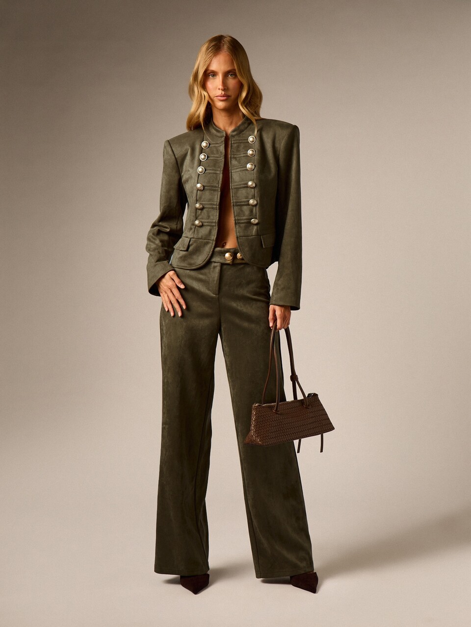 AiiRZ Olive Suede Wide Leg High Rise Dress Pants With Gold Button Waistband Detail Full Length Tailored Trousers Fall Winter