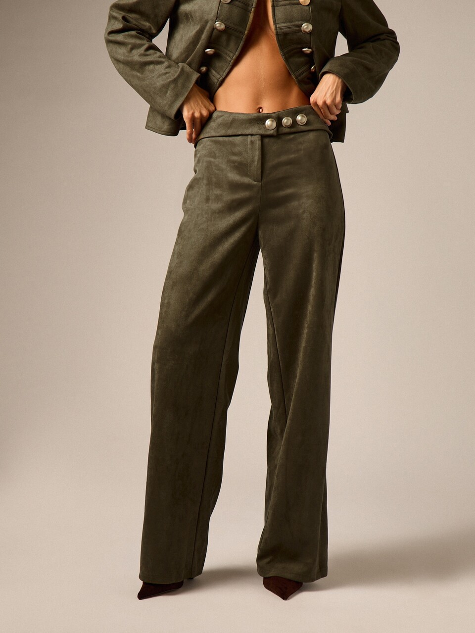 AiiRZ Olive Suede Wide Leg High Rise Dress Pants With Gold Button Waistband Detail Full Length Tailored Trousers Fall Winter