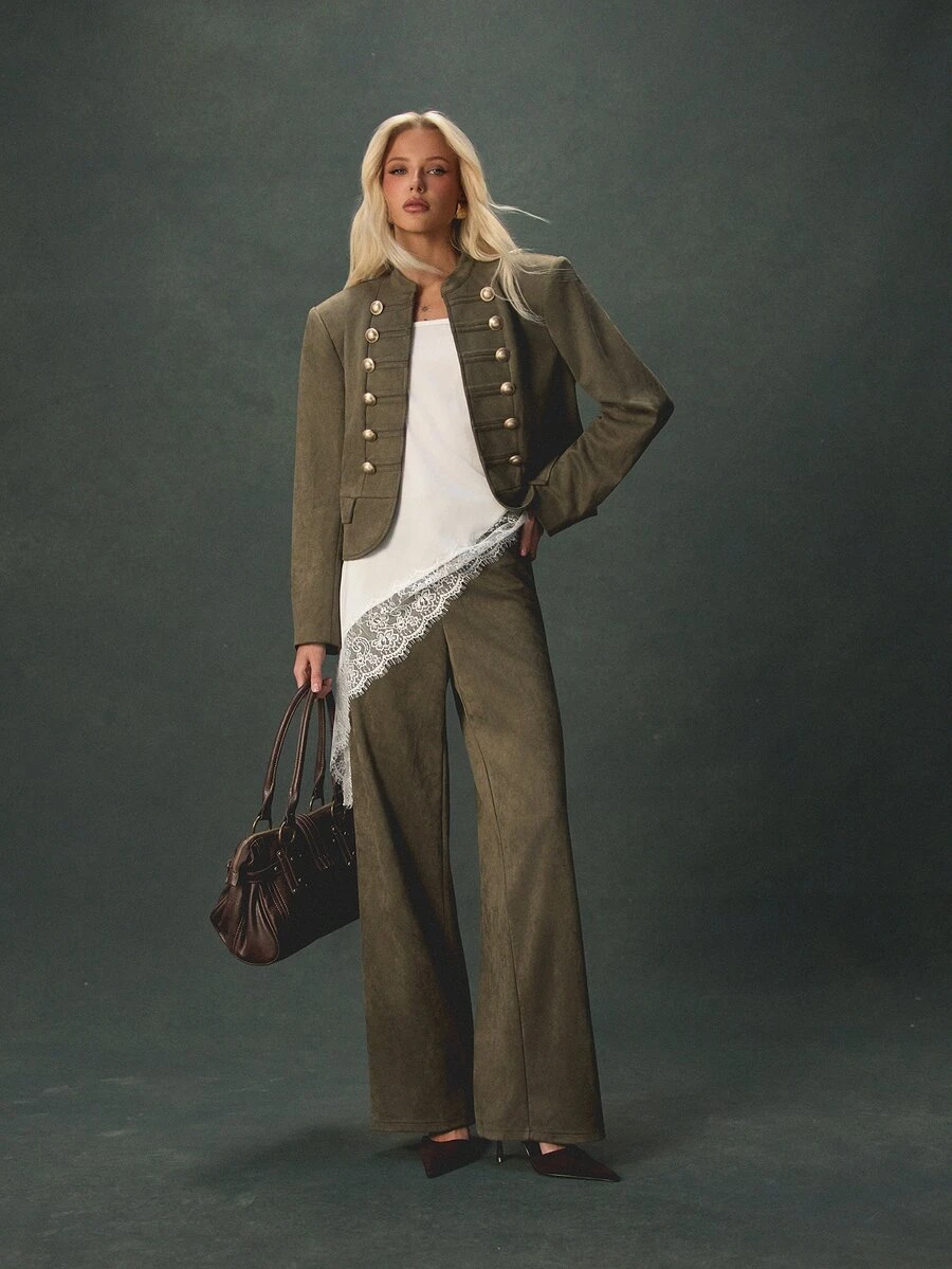 AiiRZ Celana Panjang Model Potongan Lebar Berpinggang Tinggi Bahan Suede Warna Zaitun dengan Detail Kancing Emas di Pinggang, Celana Panjang Pas Badan untuk Musim Gugur dan Musim Dingin - Hijau Tentara - View 1