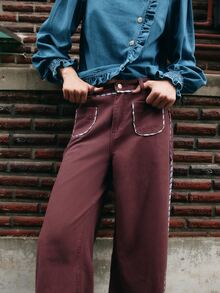 Nöista Wide Leg Denim Trousers With Contrast Waist And Pockets. Fall Winter, Casual, Everyday, Back To School. - Purple - View 2
