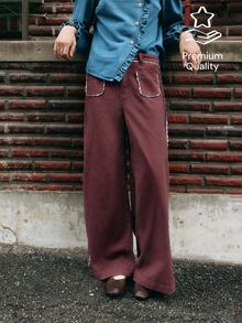 Nöista Wide Leg Denim Trousers With Contrast Waist And Pockets. Fall Winter, Casual, Everyday, Back To School. - Purple - View 3