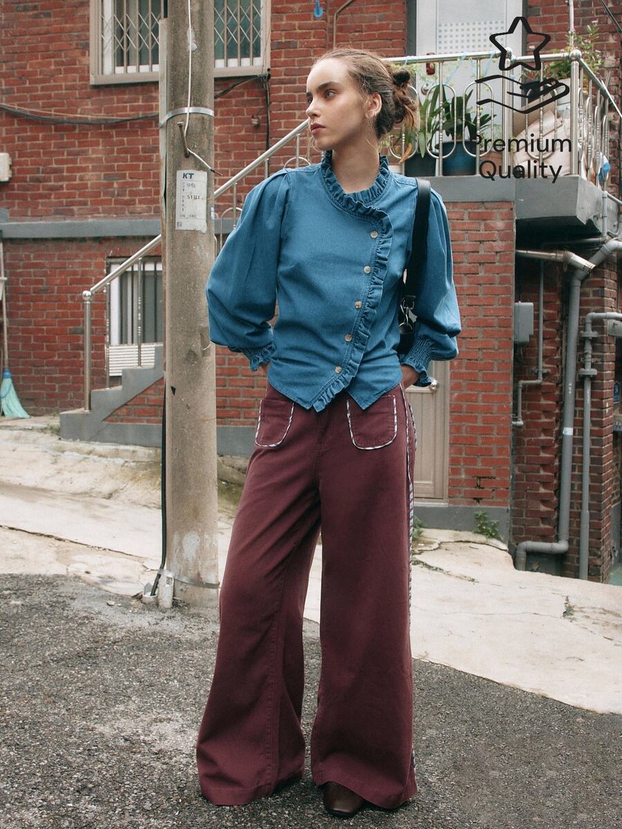 Nöista Wide Leg Denim Trousers With Contrast Waist And Pockets. Fall Winter, Casual, Everyday, Back To School. - Purple - View 1