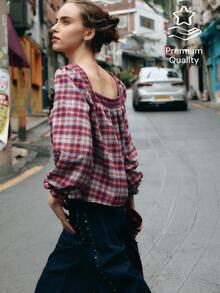 Nöista Plaid, Loose-Fitting Shirt, Perfect For Retro, Youthful . Cute French Style, Casual, Ruffled Sleeves, Versatile.Casual, Suitable Fall/Winter,. - Red Violet - View 1