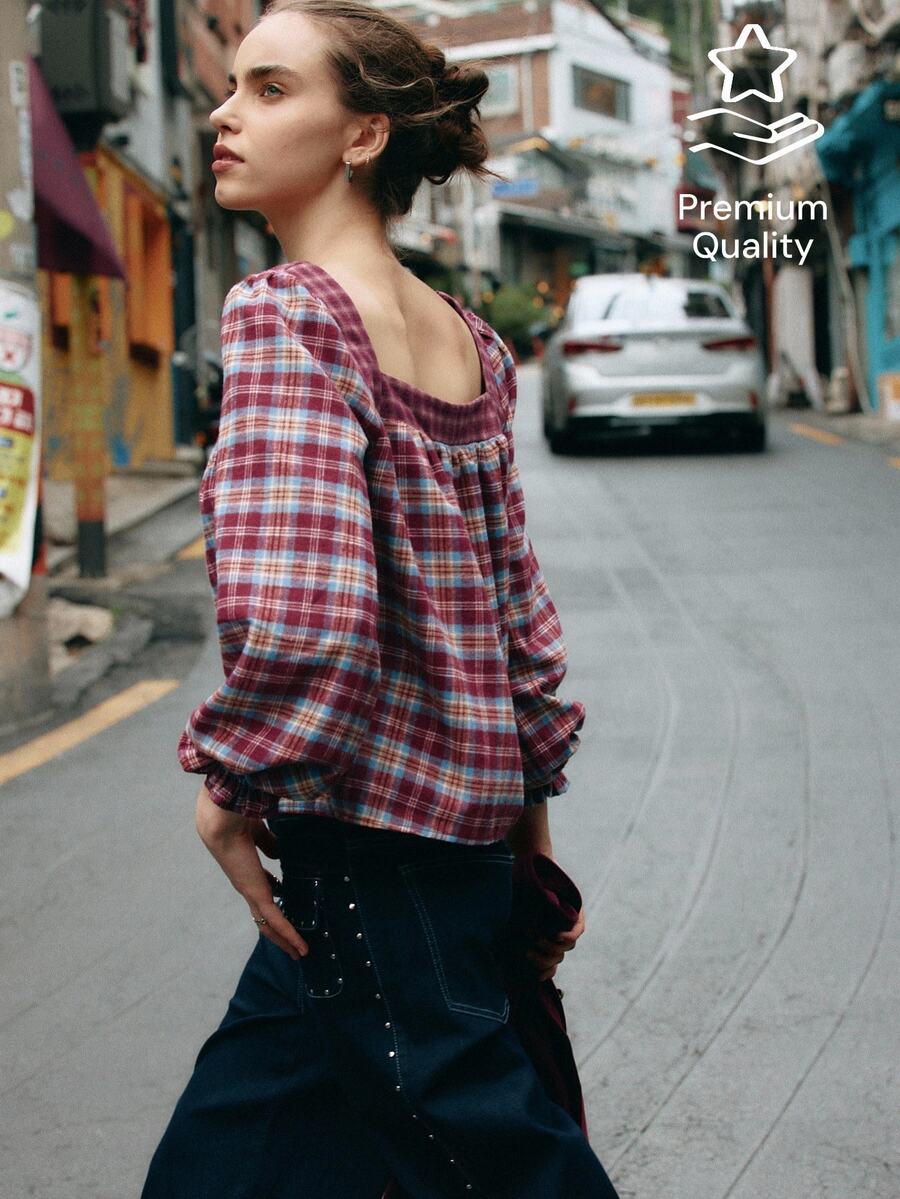 Nöista Plaid, Loose-Fitting Shirt, Perfect For Retro, Youthful . Cute French Style, Casual, Ruffled Sleeves, Versatile.Casual, Suitable Fall/Winter,. - Red Violet - View 1