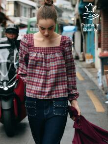Nöista Plaid, Loose-Fitting Shirt, Perfect For Retro, Youthful . Cute French Style, Casual, Ruffled Sleeves, Versatile.Casual, Suitable Fall/Winter,. - Red Violet - View 3