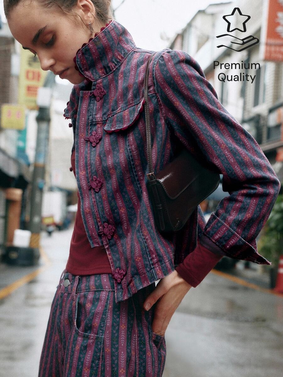 Nöista New Chinese Style Printed Denim Short Jacket - Purple - View 1